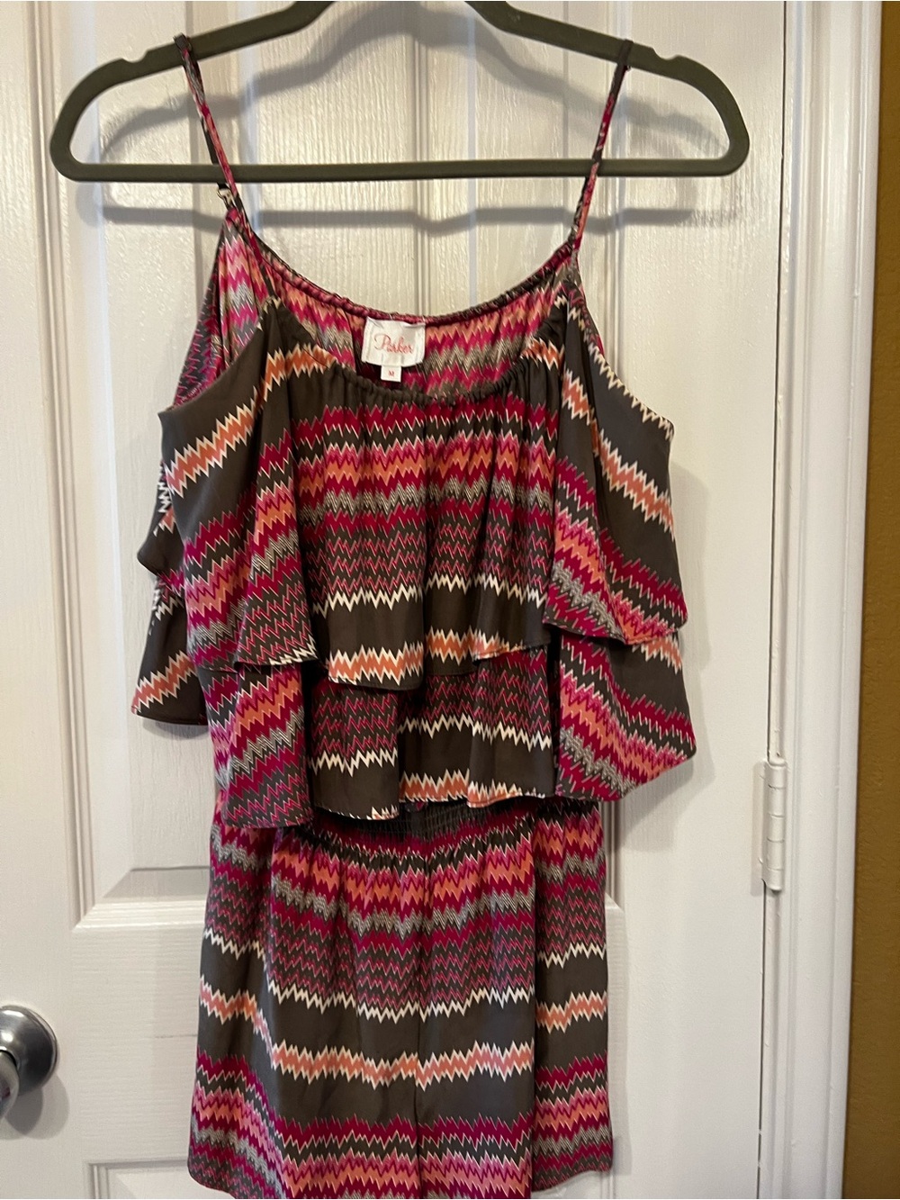 Parker Silk Pink Chevron Ruffle Spaghetti Strap Romper, Size M